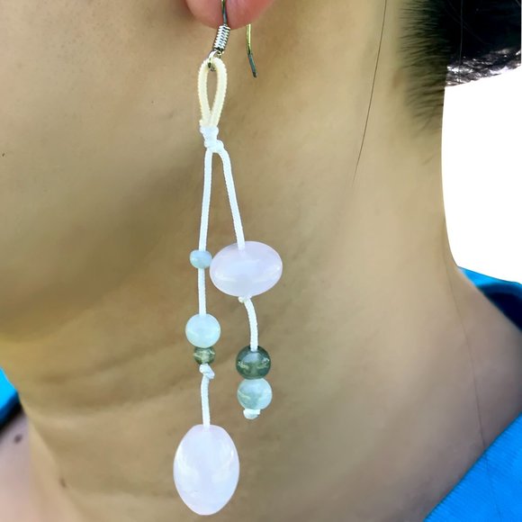 Exquisite Oblong and Disc Rose Quartz Gemstone Earrings - Picture 4 of 4